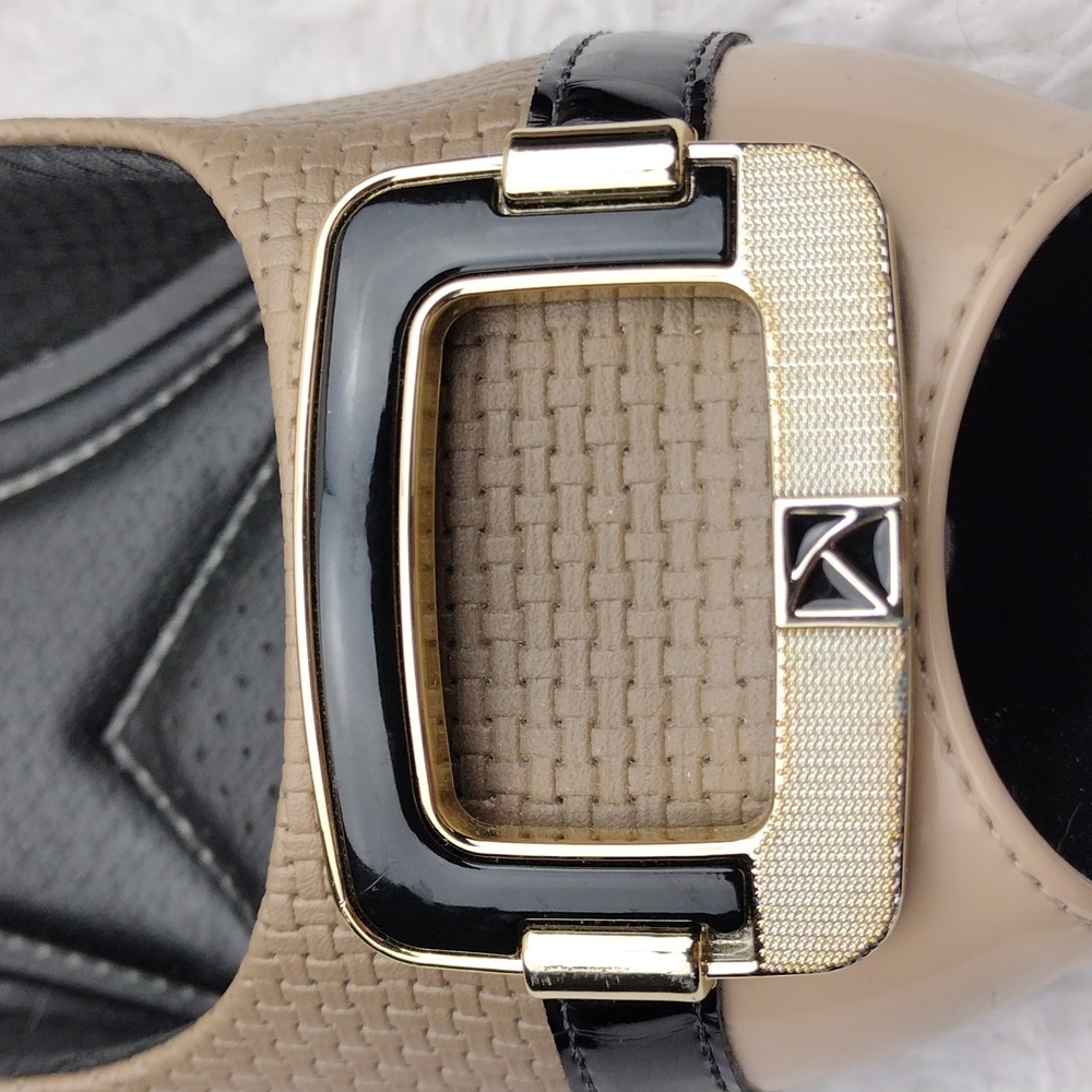 Piccadilly Two Tone Beige Black Woven Textured Upper Peep Toe Low Heel Pump Shoe - Picture 11 of 16